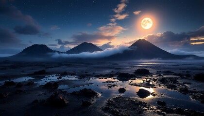 Wall Mural - Serene Volcanic Landscape: Moonlit Peaks and Misty Plains