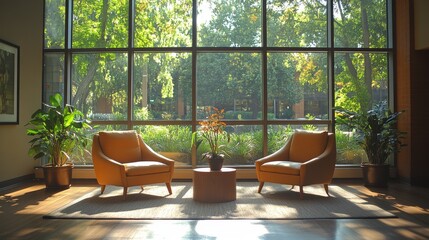 Leinwandbilder - A cozy seating arrangement features two orange armchairs facing a small table, surrounded by vibrant plants, with sunlight streaming through large windows.