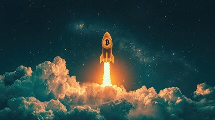 Poster - Rocket Launching Towards Stars with Bitcoin Symbol in Night Sky