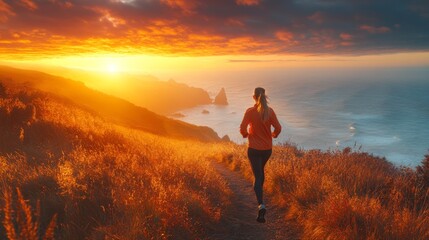 Poster - A jogger moves along a coastal trail as the sun sets, casting golden light over the ocean and highlighting the rugged cliffs nearby.