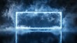 © Thirakun - Neon blue rectangular frame suspended in a smoky atmosphere reflecting on glossy liquid below