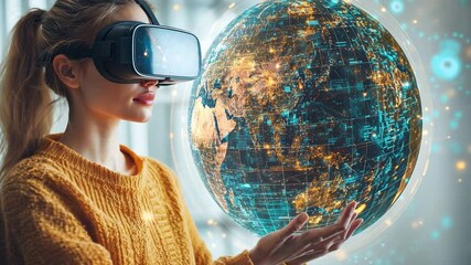 Poster - Exploring the Virtual Globe: A young woman wearing a VR headset interacts with a holographic Earth, symbolizing global connection and virtual exploration in a futuristic setting.  