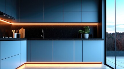 Poster - A modern kitchen, showcasing a sleek black countertop paired with light blue-gray cabinets below and pristine white cabinets above. The design emphasizes minimalism and functionality, with clean line.