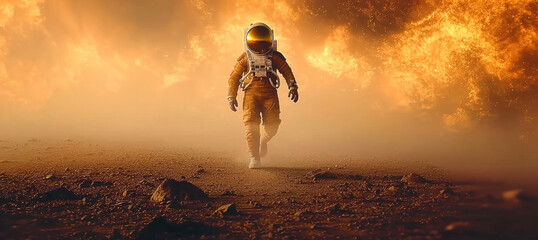 Poster - A lone astronaut walking across the dusty surface of Mars.