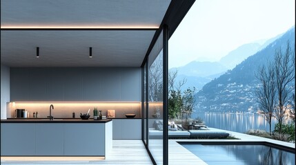 Poster - A modern kitchen, showcasing a sleek black countertop paired with light blue-gray cabinets below and pristine white cabinets above. The design emphasizes minimalism and functionality, with clean line.