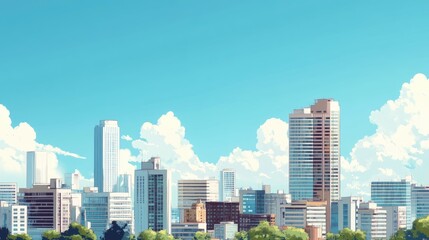  Bright and Cheerful City Skyline with Blue Sky and Fluffy Clouds