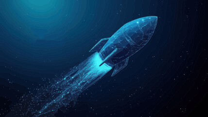 Poster - Digital Rocket in Earth's Orbit - Low Poly Wireframe Illustration - Abstract Technology Concept in Space - Vector 3D Effect