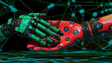 Poster - robot and human hand touching symbolizing connection between technology and humanity
