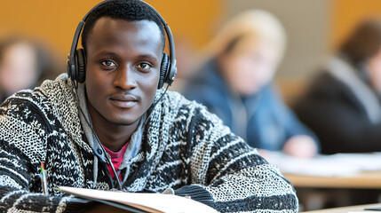 Poster - Man wearing headphones sitting at a desk with a laptop and notepad in a modern office setting