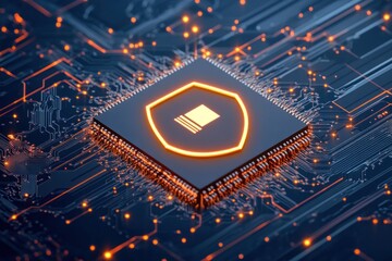 Poster - Cybersecurity shield on CPU, circuit board, data protection