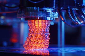 Poster - Industrial 3D printer creating glowing object, tech expo
