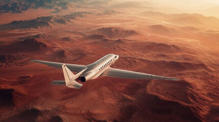 Poster - An electric aircraft soars gracefully above a vast, arid desert landscape. The warm hues of sunset illuminate the rocky terrain, creating a stunning contrast with the sleek design of the aircraft.
