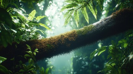 Poster - A lush rainforest background. a thick tree branch extends horizontally, partially covered in moss and small creeping plants. The branch is surrounded by dense greenery, including towering trees.