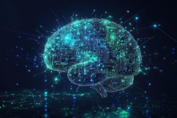 Poster - Digital brain with glowing circuits and data elements