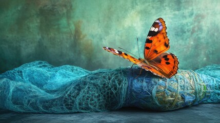 Butterfly perched on a blue net against a blurred natural background