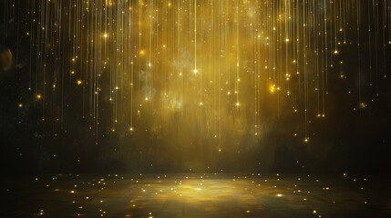 Wall Mural - A dark background illuminated by golden light beams, creating a luxurious glow and dynamic sparkle on the floor.
