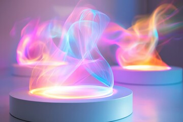 Poster - Vibrant waves of color dance in a mesmerizing display of light and movement during a contemporary art showcase at twilight. Generative AI