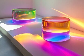 Poster - Vibrant glowing glass tables reflect a kaleidoscope of colors in a modern minimalist room at sunset. Generative AI
