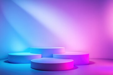 Poster - Ethereal display of colorful light on circular stages in a modern indoor space enhances creativity and inspiration. Generative AI