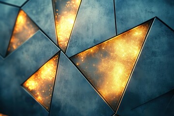 Poster - Intricate patterns of glowing gold illuminate metallic triangular tiles in a futuristic space. Generative AI