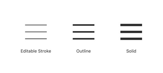Fototapete - Menu icon, more details icon. vector horizontal three lines icon. show, info, list, options icons - hamburger menu icon  in editable stroke, outline, and solid styles
