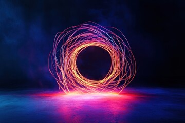 Poster - Vibrant light trails dance in a mystical circle on a dark stage at night. Generative AI