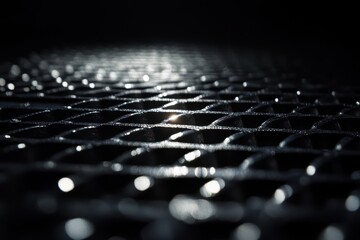 Poster - Intricate patterns of light dance across a metallic mesh on a dark night, revealing hidden textures and reflections. Generative AI