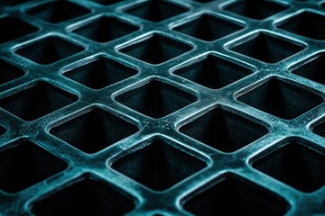 Poster - Intricate patterns of a metal grate illuminated by soft light in an urban setting showcasing industrial elegance. Generative AI