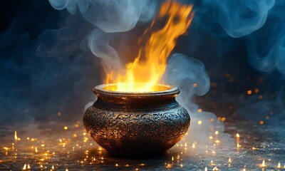 Wall Mural - A mystical pot emits flames and smoke, creating an enchanting atmosphere with glowing sparks.