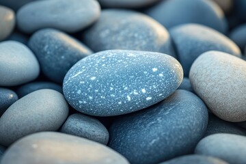 Poster - Smooth pebbles glisten in the sunlight at a tranquil riverside, showcasing nature's artistry on a peaceful afternoon. Generative AI