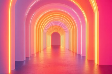 Poster - Vibrant neon arches illuminate a surreal passageway in an artistic installation showcasing colors and geometry. Generative AI