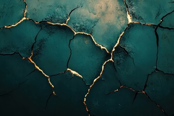 Poster - Captivating cracks reveal golden veins in a textured teal surface at dusk. Generative AI