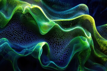 Poster - Vibrant patterns of green and blue fluidity undulate through a vibrant abstract design reminiscent of natural landscapes. Generative AI