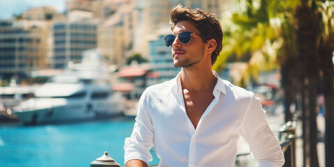 Happy Attractive fit young male tourist wearing glasses with open white shirt enjoying vacation holidays of summer at city facing seascape with luxury yacht and ships on background