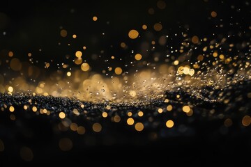 Poster - Swirling golden drops create a mesmerizing dance of light and texture in a dark, enchanting environment. Generative AI