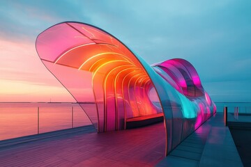 Poster - Colorful wave-shaped structure glows at sunset over the tranquil waters of the coastal city promenade. Generative AI