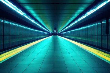 Poster - Sleek underground subway station bathed in neon blue and yellow light at night, captivating urban ambiance. Generative AI