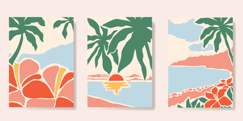 Wall Mural - abstract summer background poster vector. minimal hand drawn wallpaper design with coconut tree, sun