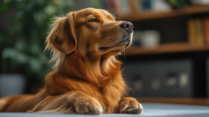 Wall Mural - Golden retriever relaxing on a couch in a cozy living room with plants and shelves in the background