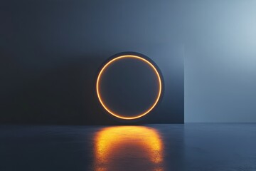 Poster - Bright circular light contrasts with dark wall and floor in a minimalist space during twilight hours. Generative AI