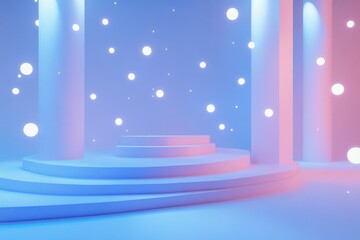 Poster - Vibrant stage setup with pastel colors and playful lights creates a dreamy atmosphere for an artistic performance. Generative AI