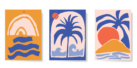 Wall Mural - abstract summer background poster vector. minimal hand drawn wallpaper design with coconut tree, sun