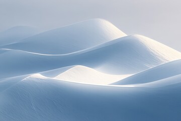 Poster - Serene winter landscape showcasing the gentle curves of snow-covered hills under a soft, diffused light on a tranquil day. Generative AI