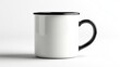 © Ceyhun - A shiny enamel coffee mug in classic white with a black rim and a compact shape, isolated on a white background
