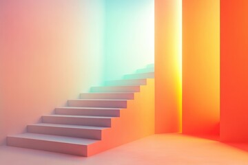 Poster - Vibrant staircase bathed in soft pastels leads into a world of color and light at a quiet time of day. Generative AI
