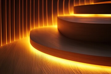 Poster - Illuminated spiral staircase with warm tones creates a serene atmosphere in a modern interior setting. Generative AI