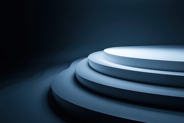 Poster - Elegant circular staircase illuminated by soft light creates an ethereal atmosphere in a minimalistic setup. Generative AI