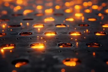 Poster - Glowing heat emerges from metallic surface filled with circular holes showcasing craftsmanship and artistry at dusk. Generative AI