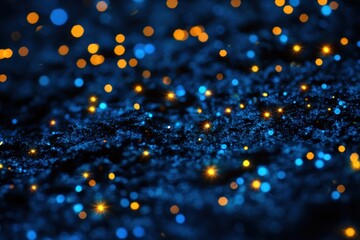 Poster - Shimmering particles dance in a cosmic blue expanse under the light of an unseen source at twilight. Generative AI
