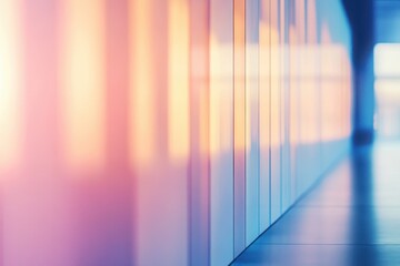 Poster - Soft hues of sunset reflect against a modern corridor, creating a serene atmosphere for contemplation and journey. Generative AI